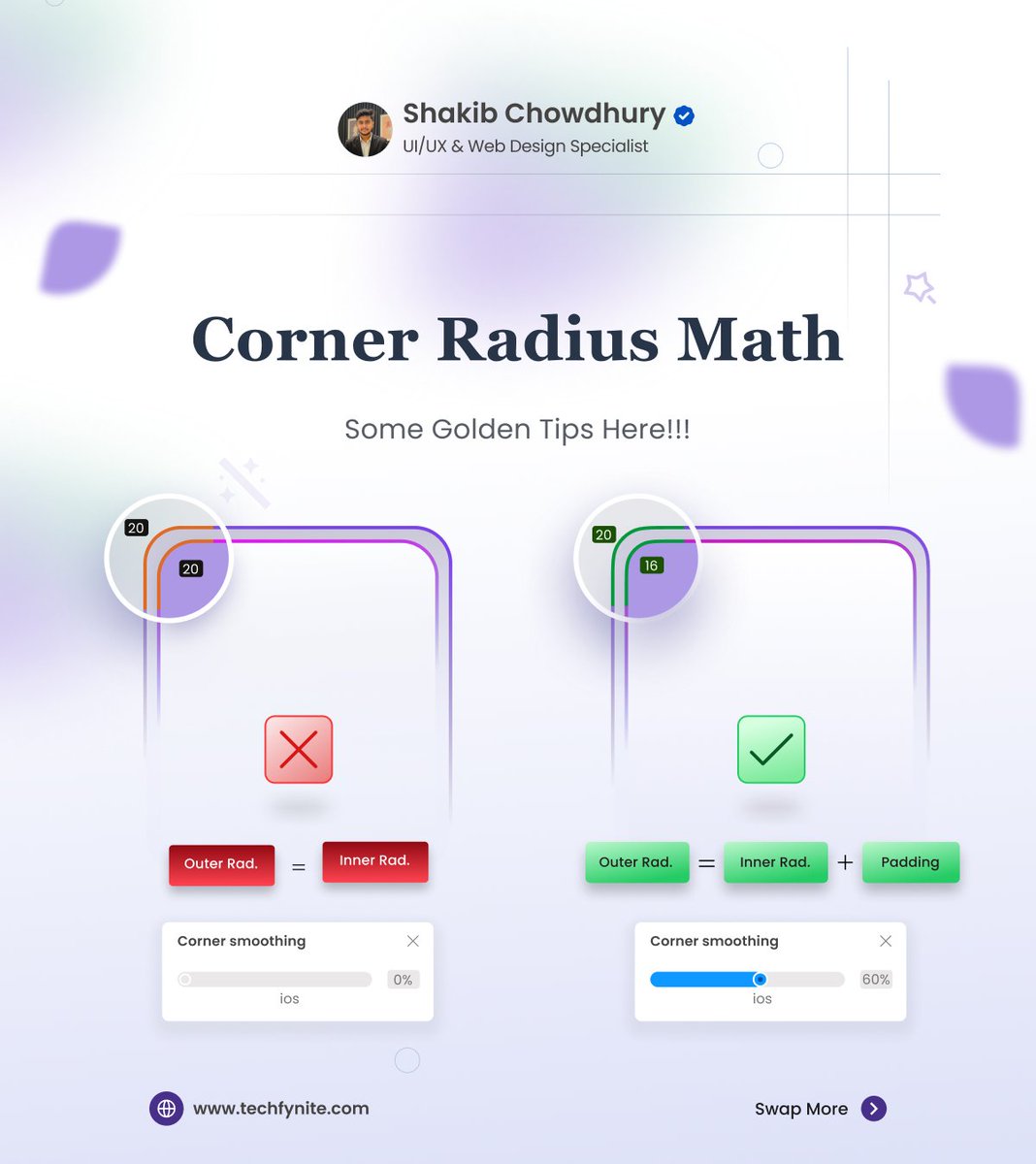 WebDesigner_2's tweet image. Corners can make or break your UI.
Here’s the golden rule for corner radius math:
❌ Outer = Inner
✅ Outer = Inner + Padding
Small detail → Big difference in design.
#UIDesign #FigmaTips #UX