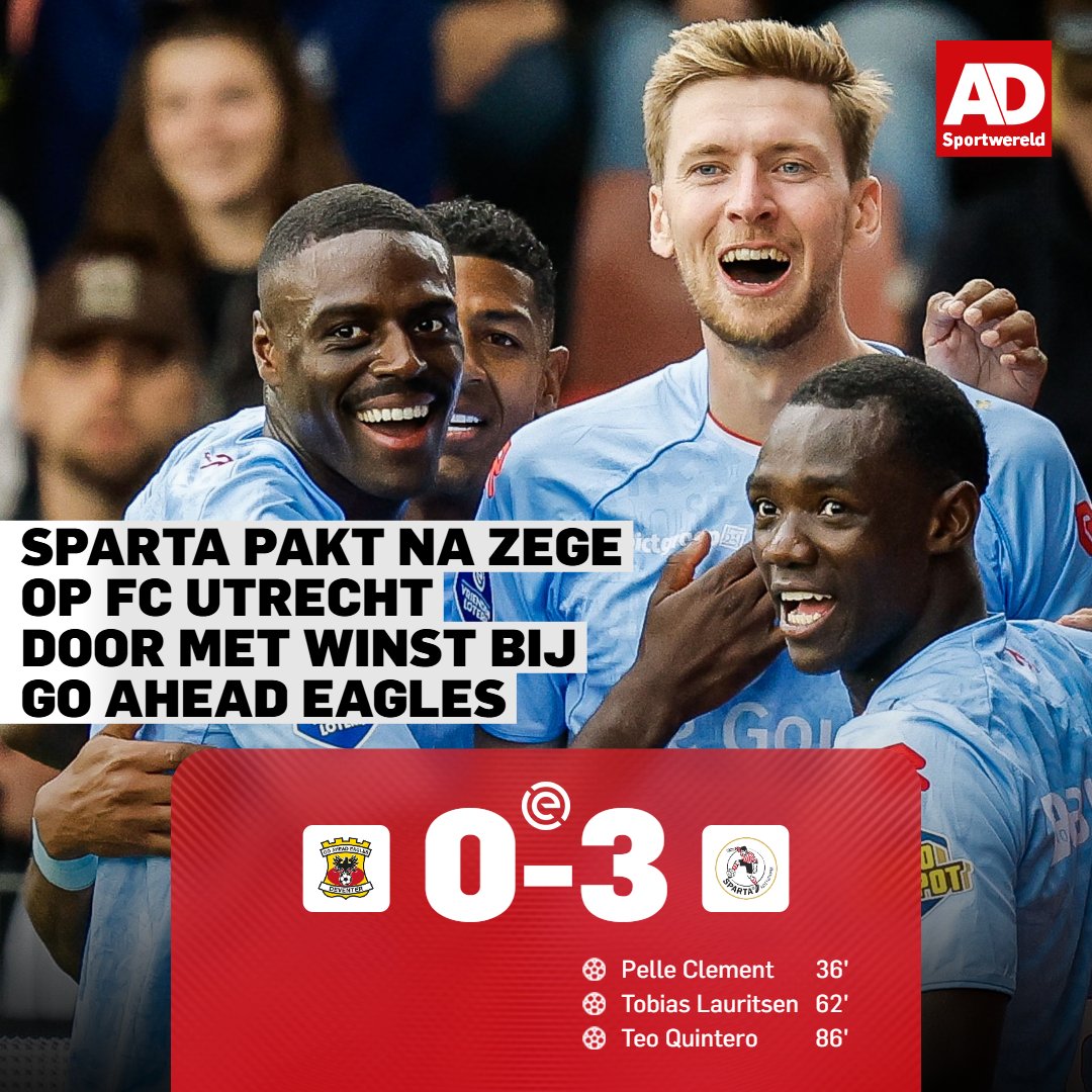 Sparta Rotterdam won vorige week al knap met 2-1 van FC Utrecht. Nu pakt de ploeg van trainer Maurice Steijn de drie punten door met 0-3 te winnen bij Go Ahead Eagles ad.nl/voetbal/live-e…