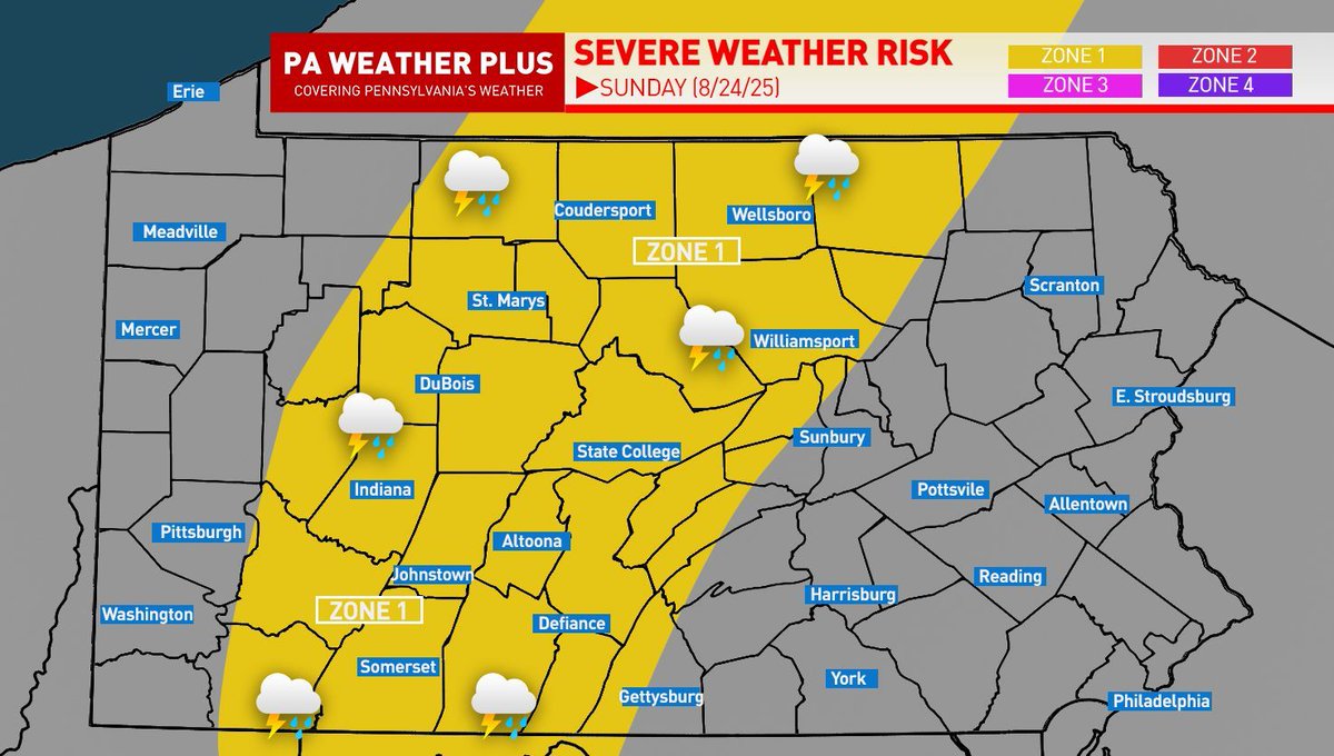 ** PENNSYLVANIA SUNDAY SEVERE WEATHER RISK **

UPDATED: 12:30 PM 8/23

An incoming cold front ahead of a warm and humid airmass spells trouble for some stronger thunderstorms Sunday afternoon and evening. The warm and humid air will provide enough instability to develop these