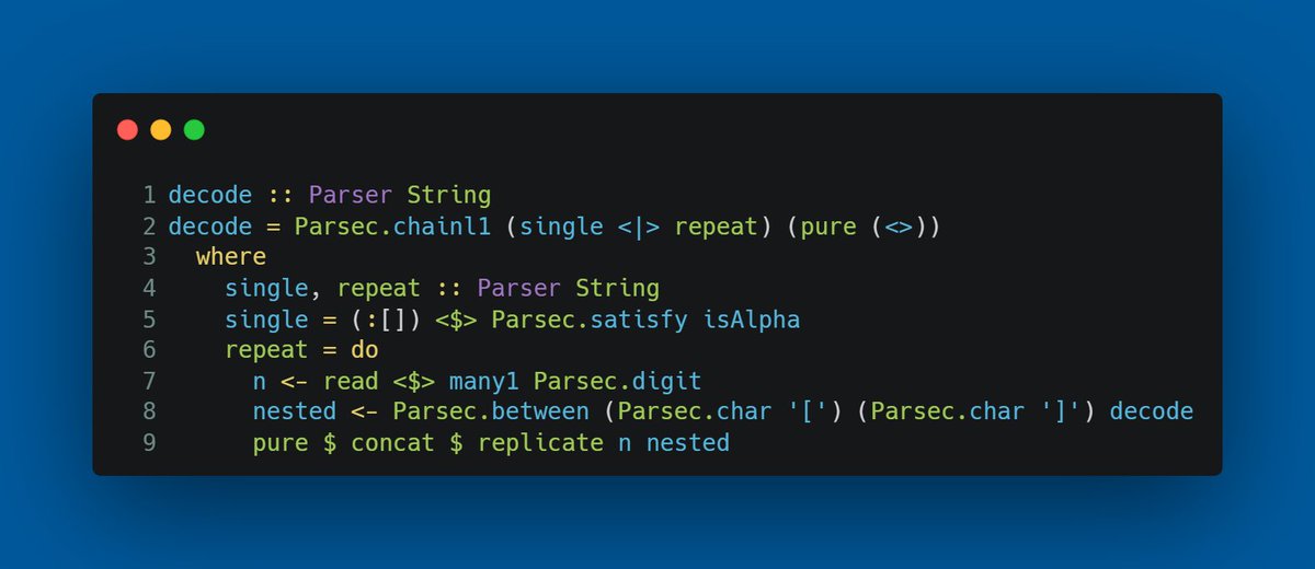 ChShersh's tweet image. Before AI, we had to use Haskell to cheat during LeetCode interviews.
This is 394. Decode String (Medium) solved with Haskell in less than 10 LOC.