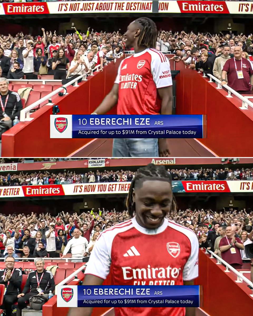 Boyhood Gunner and Arsenal's new No. 10 Eze is welcomed back at the Emirates ❤️