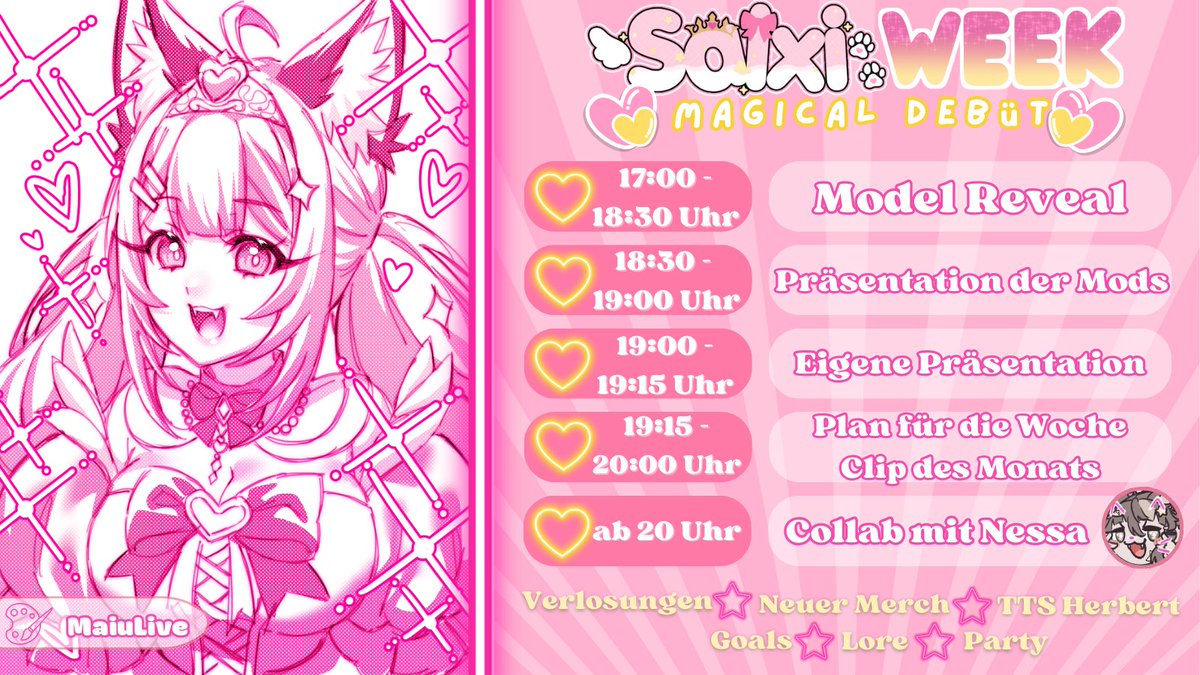 ✨Es wird eine magische Woche ✨

Morgen (Sonntag) steht mein Debüt an!
Ab 17 Uhr gehts los - langsam bin ich echt aufgeregt (ich hoffe ich kann schlafen) 😭

ICH FREUE MICH ÜBER JEDEN DER VORBEI GUCKT!! 🩷
#gervtuber