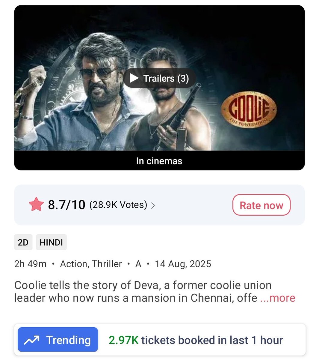 #Coolie 
9-10pm 
Tickets sold on BMS- 12160
Yesterday- 10210

Total from 7am- 1,34,560
Yest- 85950