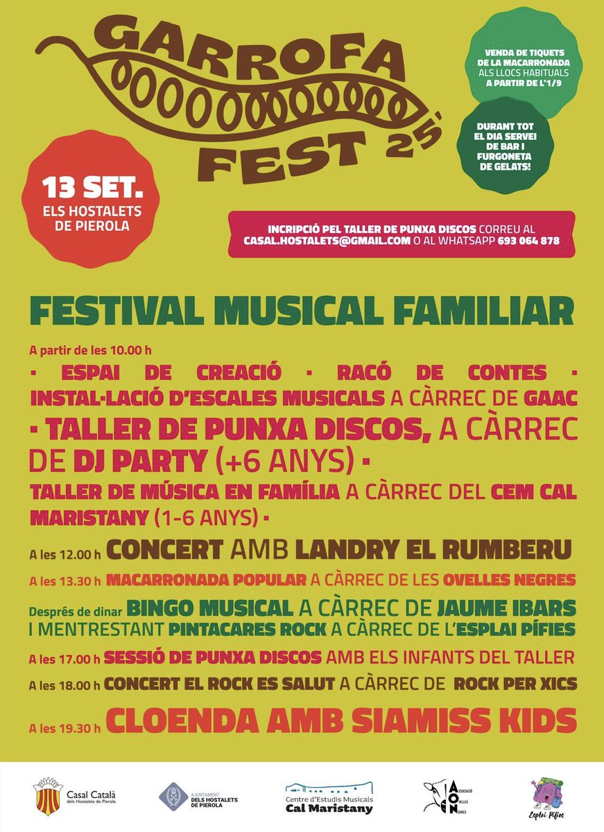 Esteu sentint aquella sensació estranya de final d’estiu?🍃No patiu, que tindrem un setembre ben divertit 🥳 aquest cop portem una proposta pels més menuts de casa així que agendeu aquesta data, 13 de setembre, veniu a descobrir i gaudir del Garrofa!✨🎶🎨

📍Parc de Cal Ponsa