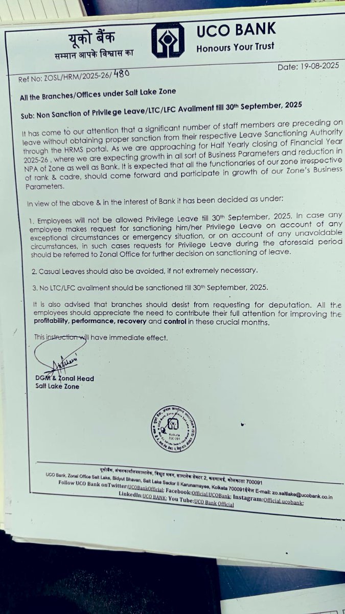 RedSaluteIn's tweet photo. Shocking! UCO Bank Salt Lake Zone bans PL, CL &amp; LTC till Sept 30, 2025 citing ‘business performance’. Bankers are not machines! Denying statutory leave is an attack on staff rights &amp; dignity. 

Such anti-worker orders must be opposed &amp; withdrawn https://t.co/bwB2ly9Jru