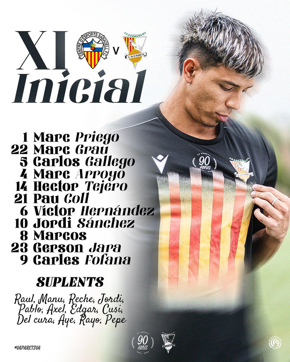 ✅ Primer 𝐨𝐧𝐜𝐞 𝐢𝐧𝐢𝐜𝐢𝐚𝐥 del #CFParets en aquesta pretemporada.

🔛A les 19:00h comença el matx a Sabadell

#VaParetsVa #TotalBlanc #1cat1