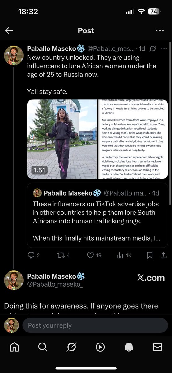 <a href="/BuhleTheFirst/">The BZA💙</a> Girl I’ve been doing awareness for a week I would never promote such a thing. I was warning people in the comments who kept showing interest. And tagged her and said she’s actively promoting a human trafficking syndicate. She deleted my comments and blocked me