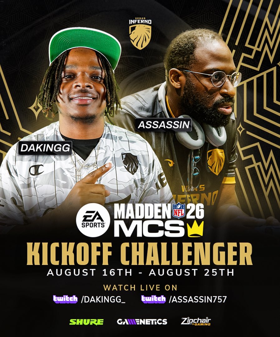Vegas Inferno™ (@vegasinferno) on Twitter photo We’re getting closer to the Elimination Round! Join <a href="/Assassin_757/">LVI Assassin</a> & <a href="/_Dakingg_/">LVI DaKingg</a> as they tackle on Day 4 of the <a href="/EAMaddenNFL_MCS/">Madden Championship Series</a> Kick Off Challenge!
10:00AM PST!
🟢 Catch Assassin on <a href="/KickStreaming/">Kick</a>
🟣 Catch DaKing on <a href="/Twitch/">Twitch</a>
kick.com/assassin-757
twitch.tv/dakingg_ We’re getting closer to the Elimination Round! Join <a href="/Assassin_757/">LVI Assassin</a> & <a href="/_Dakingg_/">LVI DaKingg</a> as they tackle on Day 4 of the <a href="/EAMaddenNFL_MCS/">Madden Championship Series</a> Kick Off Challenge!
10:00AM PST!
🟢 Catch Assassin on <a href="/KickStreaming/">Kick</a>
🟣 Catch DaKing on <a href="/Twitch/">Twitch</a>
kick.com/assassin-757
twitch.tv/dakingg_