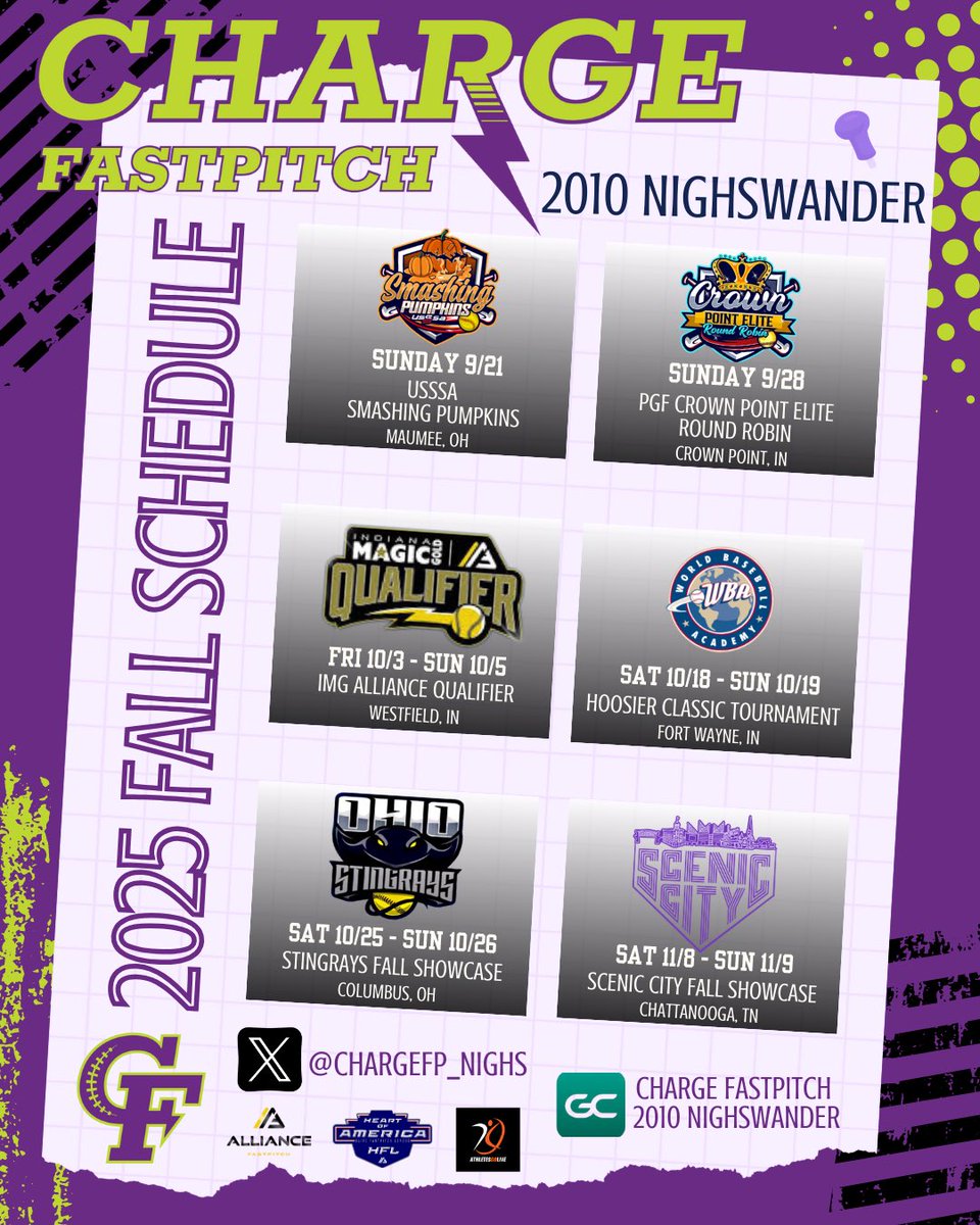 Fall schedule is set!! 🗓️ ☑️
Looking forward to getting back out on the field with some great competition!🥎💜💚 #GoCharge