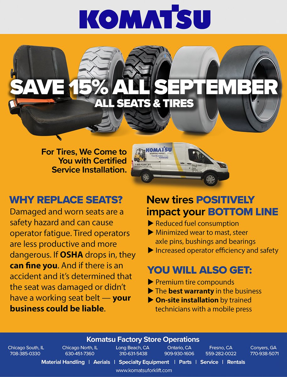 *** Seat &amp; Tire Sale *** 15% off for the month of September. Don't miss out!

Replacing worn out seats and tires improves productivity, safety, and your bottom line. Take advantage of our September sale.

Call 770-938-5071 to learn more.

#Komatsu #forklift #parts