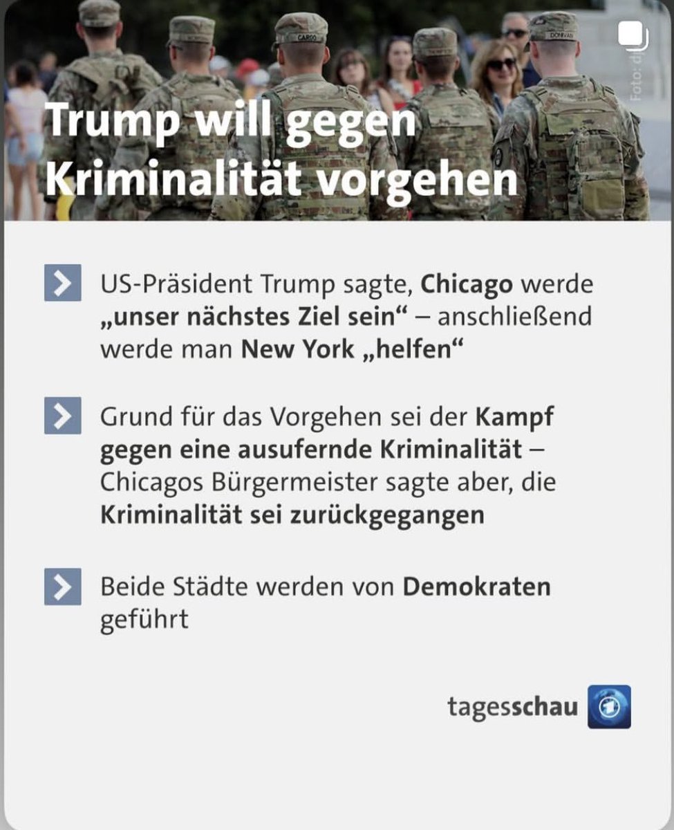OrthopaeDenker (@dokhollidays) on Twitter photo jetzt hat er Chicago im Visier, dann New York!
Wir wissen Alle was passieren wird:
Die Demenz Orange wird alle von Demokraten geführten grossen Städte mit Hilfe des Militärs „einnehmen“.
Die Diktatur ist in vollem Gange!
Es ist beängstigend.
<a href="/tagesschau/">tagesschau</a> jetzt hat er Chicago im Visier, dann New York!
Wir wissen Alle was passieren wird:
Die Demenz Orange wird alle von Demokraten geführten grossen Städte mit Hilfe des Militärs „einnehmen“.
Die Diktatur ist in vollem Gange!
Es ist beängstigend.
<a href="/tagesschau/">tagesschau</a>