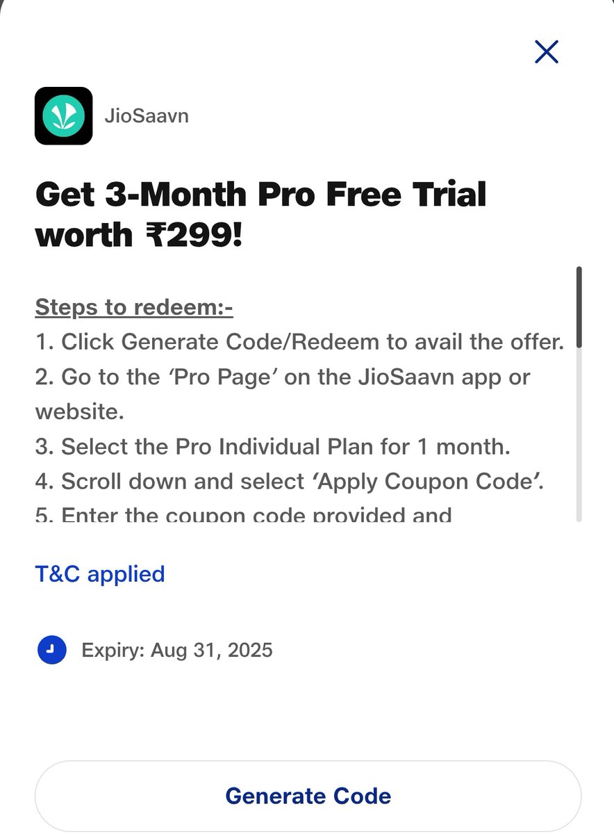 3 Months Of JioSaavn pro FREEEEE 
(for few eligible JIO users only)

Steps : 

1. Open MyJio App.

2. Go to Offers Store

3. Look for JioSaavn Pro – 3 Months Free 

4. Click Generate Code &amp; redeem it on the JioSaavn app/website.