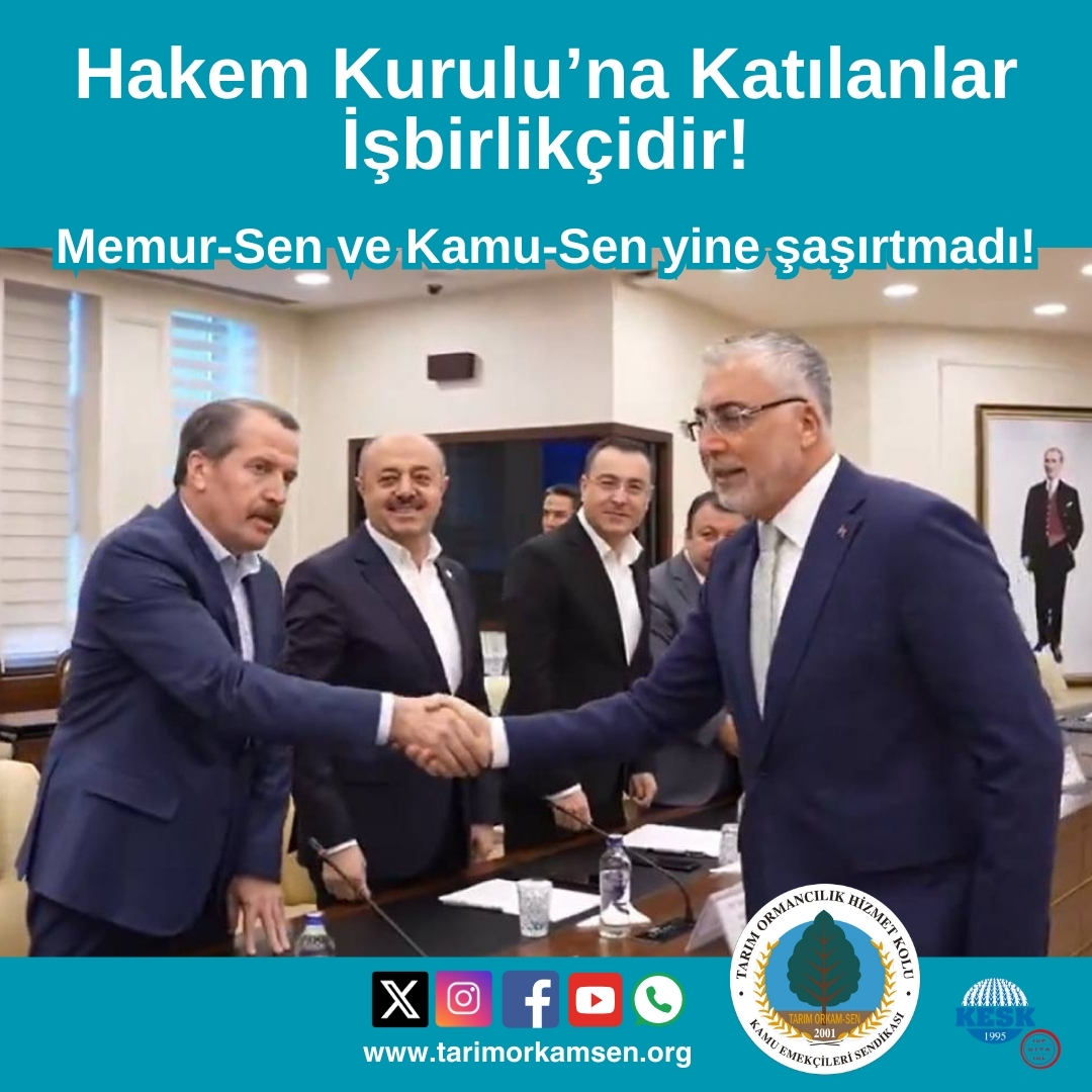 Hakem Kurulu’na Katılanlar İşbirlikçidir!

Memur-Sen ve Kamu-Sen yine şaşırtmadı!

Kamu Görevlileri Hakem Kurulu toplantısına katılan Memur-Sen ve Kamu-Sen, yalnızca toplantıya girmekle kalmamış; çıkacak kararın siyasi ve sınıfsal sorumluluğunu da üstlenmiştir.

Oysa Hakem