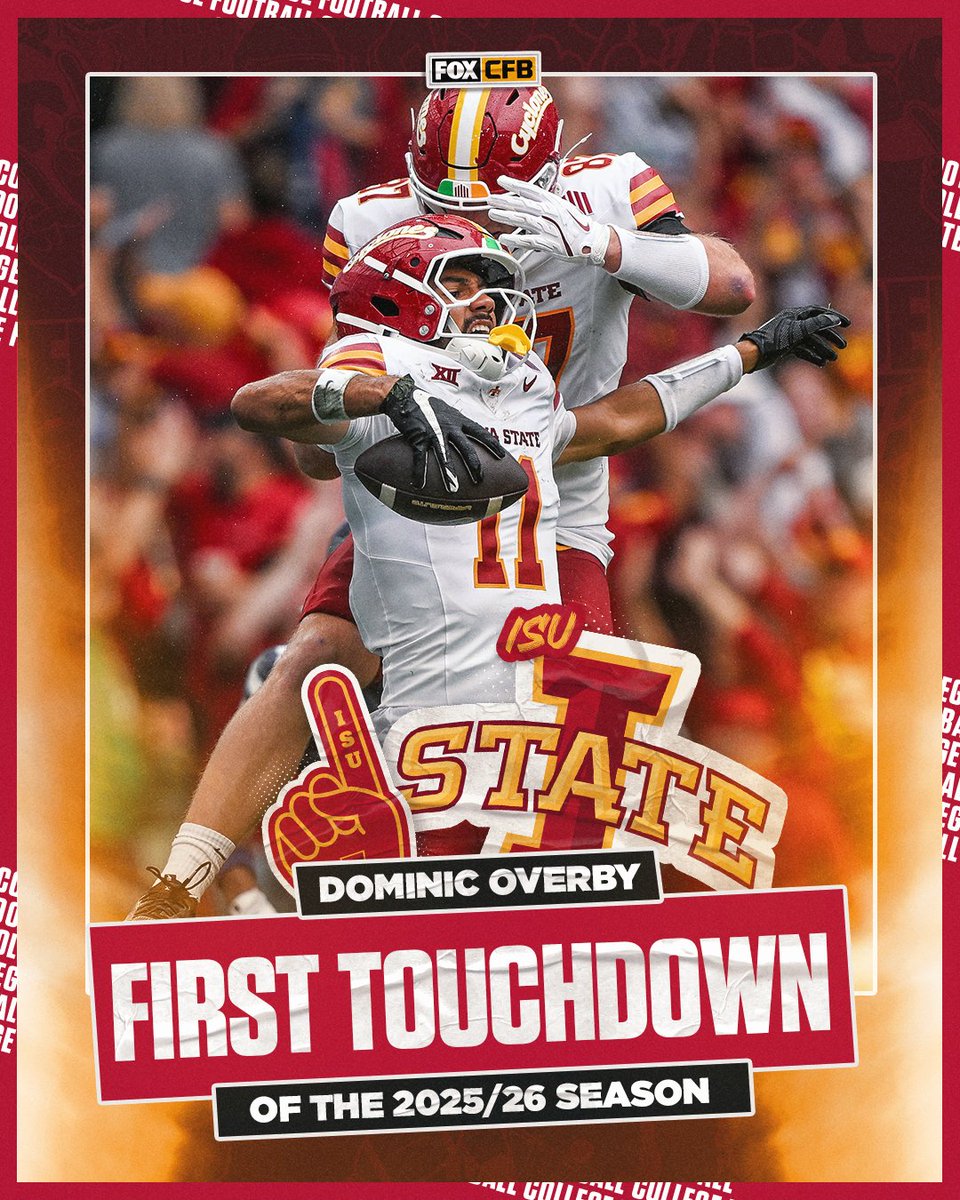 FOX College Football (@cfbonfox) on Twitter photo The very first TD of the 2025-26 CFB season will forever belong to <a href="/CycloneFB/">Iowa State Football</a>'s Dominic Overby 🌪️👏 The very first TD of the 2025-26 CFB season will forever belong to <a href="/CycloneFB/">Iowa State Football</a>'s Dominic Overby 🌪️👏