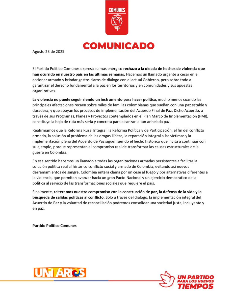 #COMUNICADO🚨
Rechazamos la oleada de violencia que golpea a Colombia. La violencia no puede ser política: el pueblo merece una paz estable y duradera.

- Cese al fuego y salidas políticas al conflicto.

La paz es un derecho y una tarea colectiva🕊️