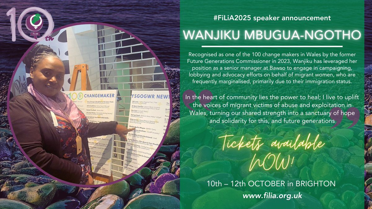 💥 #FiLiA2025 speaker news 💥

WANJIKU MBUGUA-NGOTHO <a href="/KameriMbugua/">Wanjiku Mbugua- Ngotho</a> is the acting CEO of <a href="/Bawso/">Bawso</a> &amp; recognised as one of the 100 change makers in #Wales by the former Future Generations Commissioner in 2023.

🎟️ filia.org.uk/tickets

#MigrantWomen #Sisterhood #Solidarity 🏴󠁧󠁢󠁷󠁬󠁳󠁿