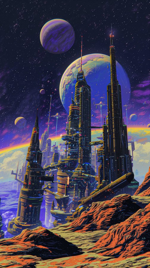 neonlights600's tweet photo. A stunning sci-fi cityscape on an alien moon, complete with domes and towering structures. The artwork captures the awe and majesty of space architecture. #SciFiArt #Imagination #SpaceCities #scifi #space by @twentyone21___ https://t.co/lYKw7iX3DR