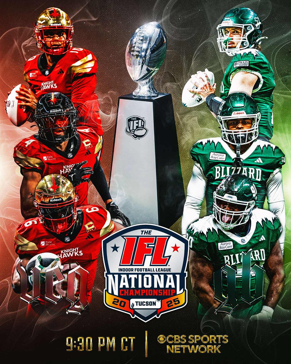 The IFL National Championship has officially arrived! Two teams. One title. It all goes down TONIGHT! The <a href="/KnightHawksIFL/">Vegas Knight Hawks</a> vs the <a href="/gbblizzard/">Green Bay Blizzard</a>! 

Get ready for an electric showdown where legends will be made and history will be written!

🕘 9:30 PM CT
🖥 CBS Sports