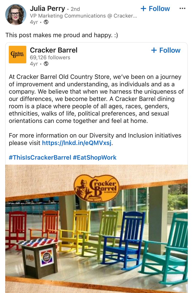 Meet the VP of Marketing Communications at Cracker Barrel. Any questions? Their HQ is filled with woke activists who won’t ever understand their actual customers. Brand destruction 101.