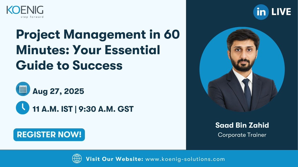 Join @koenigsolutions for a LinkedIn Live session on "Project Management in 60 Minutes: Your Essential Guide to Success" with our subject expert.

Secure your spot: linkedin.com/events/project…

#KoenigTraining #StepForward #GetCertified #LinkedInLive