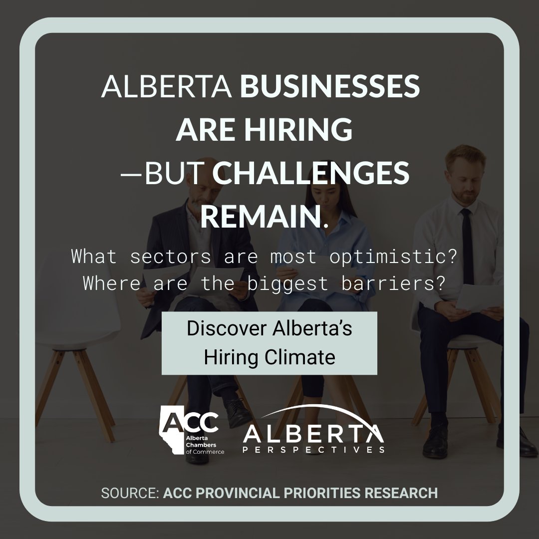Alberta businesses are cautiously optimistic about hiring in 2025. Across all sectors, regulatory burdens and workforce readiness are seen as barriers to growth.

Explore what’s shaping Alberta’s hiring climate: abchamber.ca/our-priorities…

#ABPerspectives #abchambers