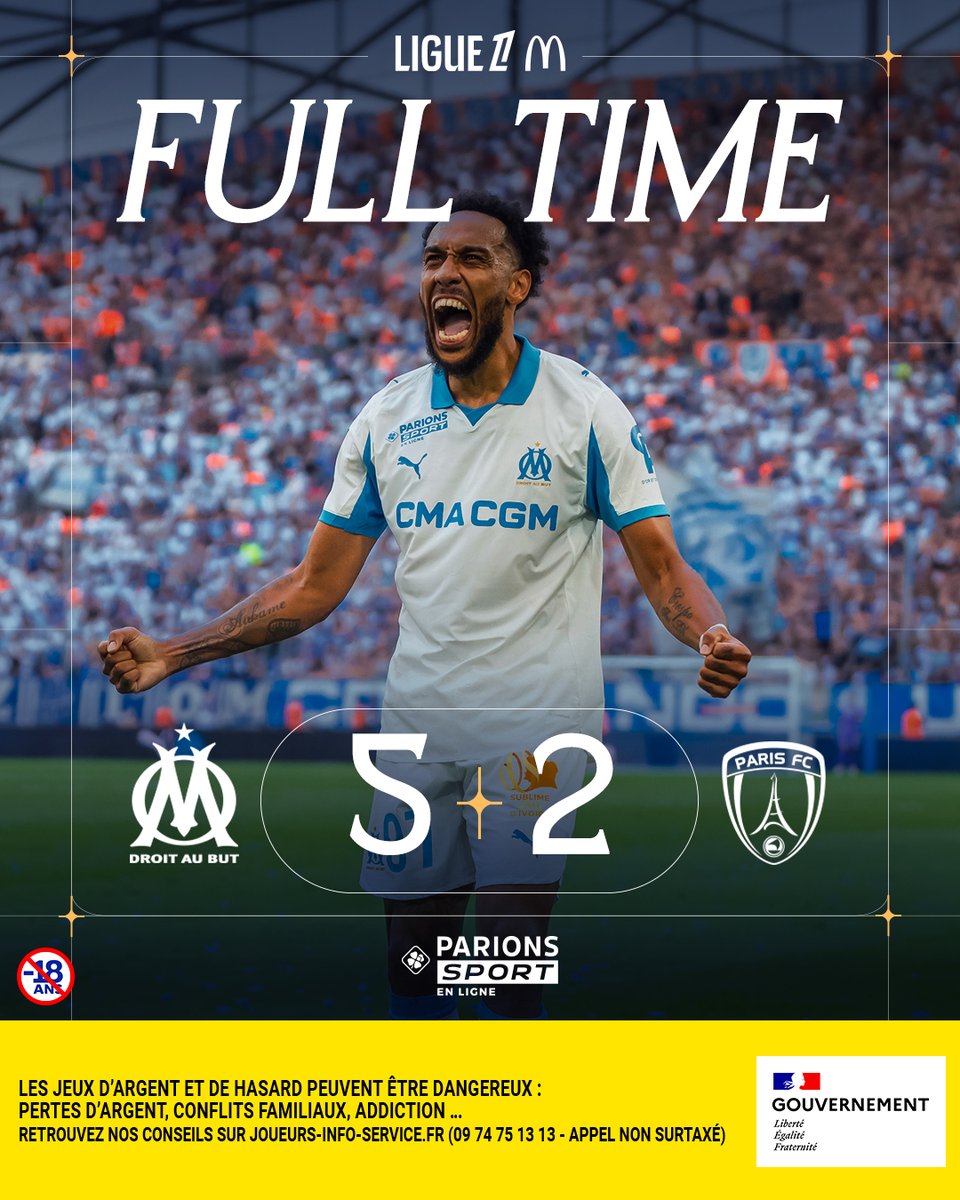 Olympique de Marseille (@om_officiel) on Twitter photo ⏱️ 90+6' | #OMPFC 5️⃣-2️⃣
C'est terminé. Festival de buts à l'<a href="/orangevelodrome/">Orange Vélodrome 🏡</a> , l'OM s'impose 5️⃣à2️⃣ et marque ses premiers points de la saison !
🗓️ Prochain RDV : dimanche 31 août à 21h00 à Lyon. ⏱️ 90+6' | #OMPFC 5️⃣-2️⃣
C'est terminé. Festival de buts à l'<a href="/orangevelodrome/">Orange Vélodrome 🏡</a> , l'OM s'impose 5️⃣à2️⃣ et marque ses premiers points de la saison !
🗓️ Prochain RDV : dimanche 31 août à 21h00 à Lyon.