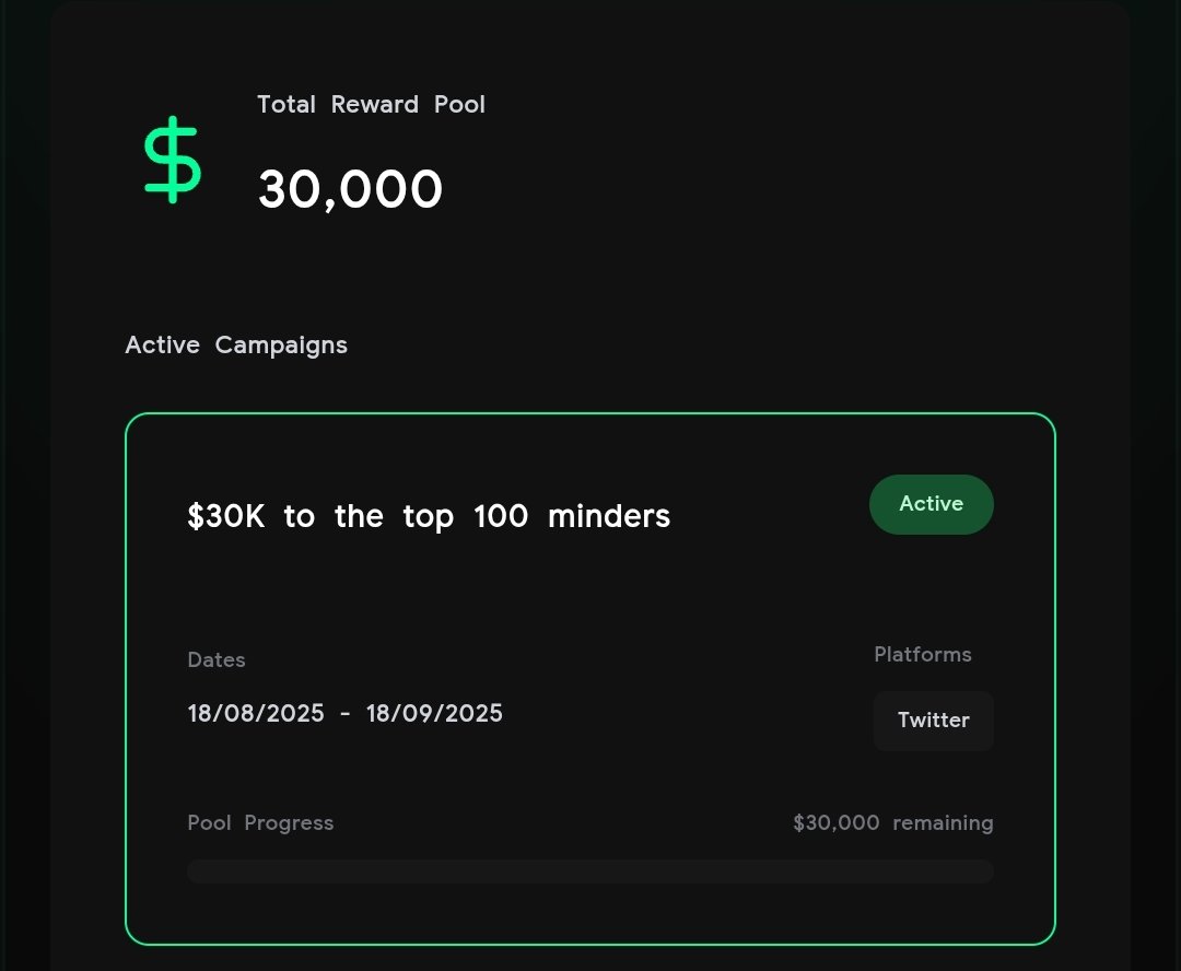 the <a href="/MyCoralApp/">CoralApp</a> campaign on MindoAI.

$30K as rewards for top 100.
runs from 18/8/25 - 18/9/25 (1 month campaign)

here's how to get on the leaderboard.

- explore CoralApp's website and follow them to stay updated on the project's vision and progress.

- create original (not AI)