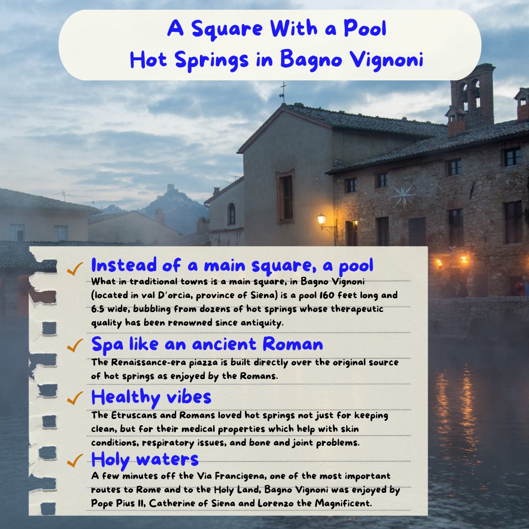 While in Tuscany, you don't want to miss Bagno Vignoni and it's square-size hot springs pool.

#ladolcelist