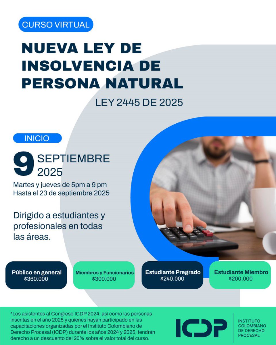 I_C_D_P's tweet photo. Curso virtual: NUEVA LEY DE INSOLVENCIA DE PERSONA NATURAL, LEY 2445 DE 2025.
⚖️👩‍⚖️👨‍⚖️

📆 Fecha de inicio: 9 de septiembre de 2025

⏰ Horario: martes y jueves de 5:00pm a 9:00pm

📌 Dirigido a estudiantes y profesionales en todas las áreas.

🔗 Link de inscripción: https://t.co/fj9OTsPrxl