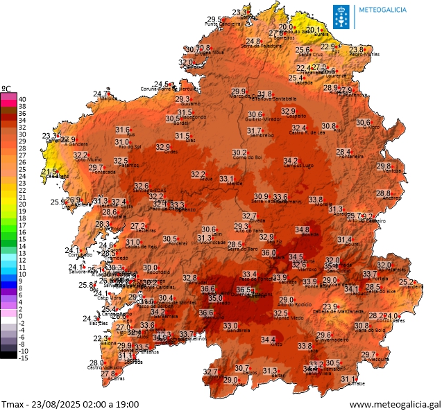 Xornada de calor🥵en moitas zonas de #Galicia especialmente na metade sur, con valores por riba dos 35ºC.

Mañá as temperaturas📉no litoral onde teremos🌥️, no interior pode haber algún⛈️con maior probabilidade nas zonas altas.