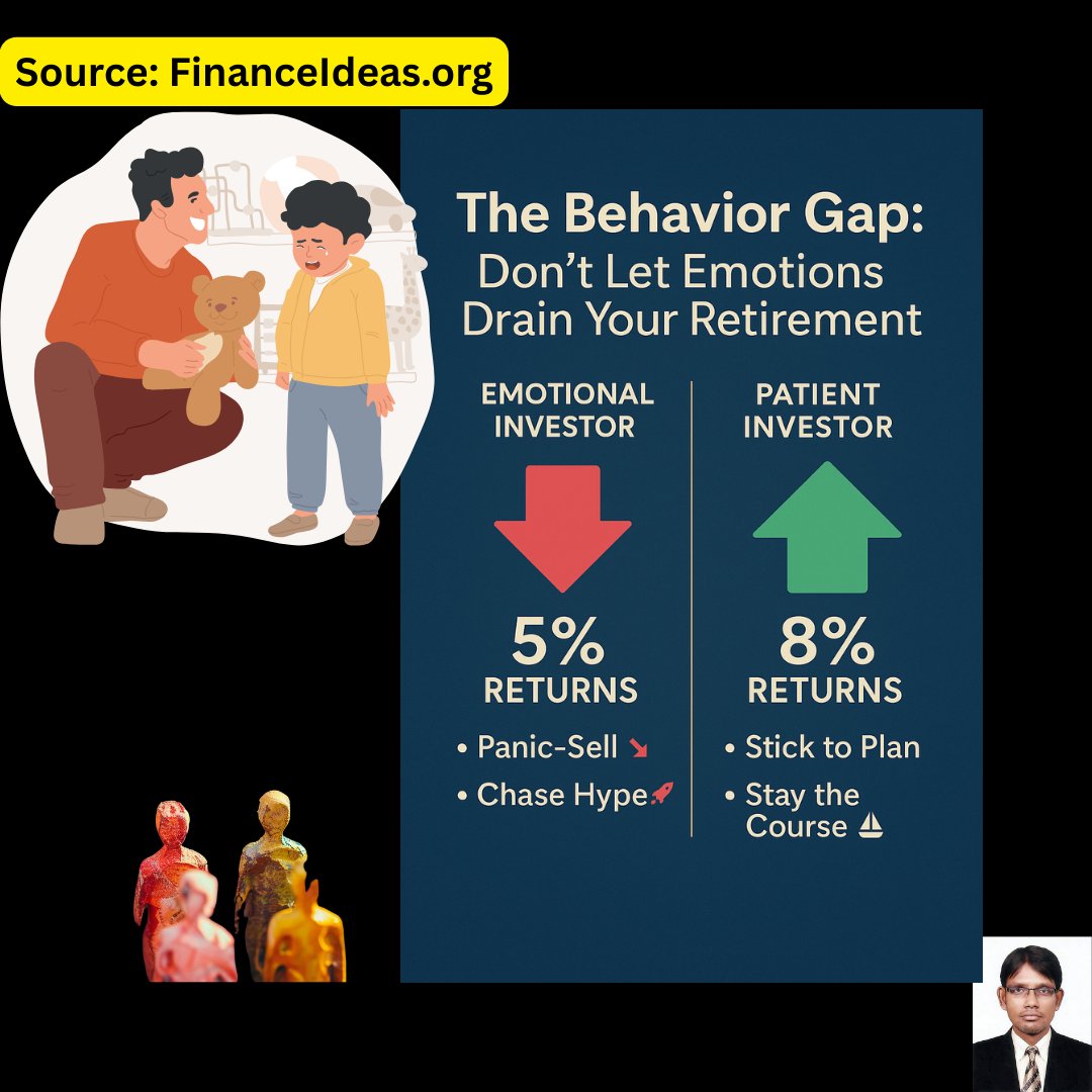 financeideas89's tweet image. Markets don’t drain retirements—emotions do. The “Behavior Gap” = selling in fear or chasing hype, costing investors 2–3% yearly. Solution: stick to your plan, automate, build a safety net. 
👉 Have you sold too soon &amp;amp; regretted it? 

#RetirementPlanning #BehaviorGap