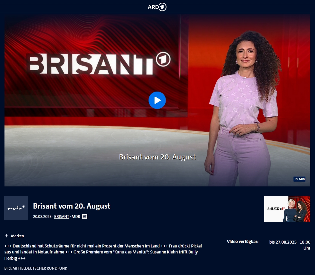 #Bevölkerungsschutz #Katastrophenmanagement - "#Deutschland hat #Schutzräume für nicht mal ein Prozent der Menschen im Land" - Interview mit #Krisenforscher Frank #Roselieb zum Status-Quo bei #Bunkern &amp; im #Zivilschutz (MDR, 20. August 2025, ab 5:18 Min.) ardmediathek.de/video/brisant/…
