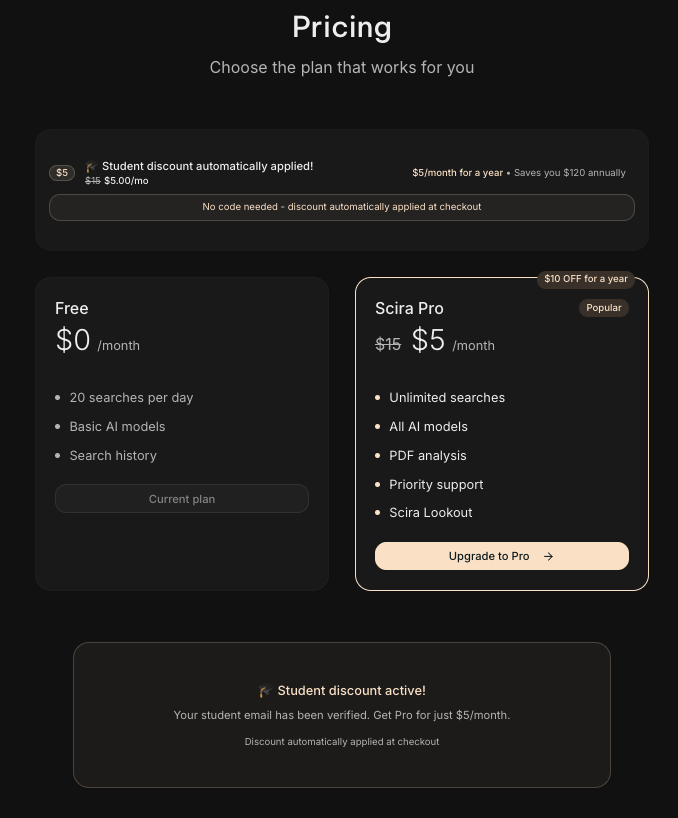 Announcing Scira AI for Students! 🎒

If you are a student with a university email address, get Scira Pro for just $5/month for a full year - that's a $120 annual savings!

Eligible domains:
→ .edu → US universities and others
→ .ac.in → Indian universities/colleges
→ .ac.uk