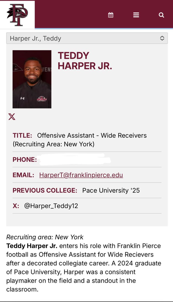 Teddy Harper (@harper_teddy12) on Twitter photo Happy to Announce I’ve accepted the Role of Wide Receivers/ Offensive Assistant Coach for <a href="/Ravens_FB/">Franklin Pierce Football</a> <a href="/Coach_GAS/">Russell Gaskamp</a> ! Happy to Announce I’ve accepted the Role of Wide Receivers/ Offensive Assistant Coach for <a href="/Ravens_FB/">Franklin Pierce Football</a> <a href="/Coach_GAS/">Russell Gaskamp</a> !