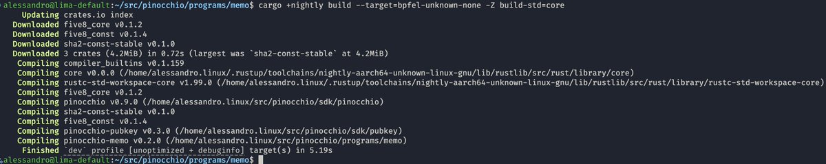 Terminal output showing successful compilation of Pinocchio memo program using upstream Rust eBPF target