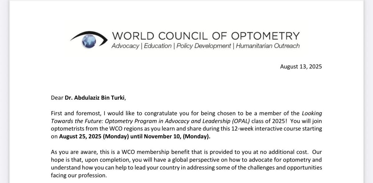 الحمدلله تم اختياري ضمن برنامج OPAL 2025 التابع للمجلس العالمي للبصريات <a href="/WorldCouncilOpt/">World Council of Optometry</a>، فرصة جديدة لاكتساب خبرات عالمية وتوظيفها في خدمة مهنة البصريات بمجتمعنا، ودعم الجهود الوطنية لتعزيز خدمات صحة العين وضمان وصولها بجودة عالية للجميع 🙏🏻