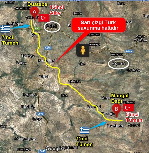 1⃣ Bugün Sakarya Meydan Muharebesinin ilk günüdür.
İşte o gün yaşananlar;
Polatlı-Haymana arasında herhangi bir noktada durup yüzünüzü Güneybatıya çevirin ve kollarınızı sağa sola kaldırıp uzatın. Şimdi sağ parmak ucunuzda Duatepe, solda ise Mangal dağı yer alacaktır. Savunma