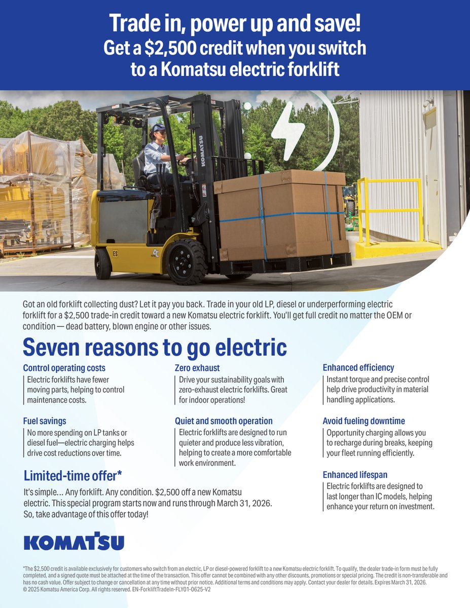 Got an old #forklift collecting dust? Trade in your old LP, diesel or underperforming electric forklift for a $2,500 trade-in credit toward a new #Komatsu #electric forklift. You’ll get full credit no matter the OEM or condition – dead battery, blown engine or other issues.