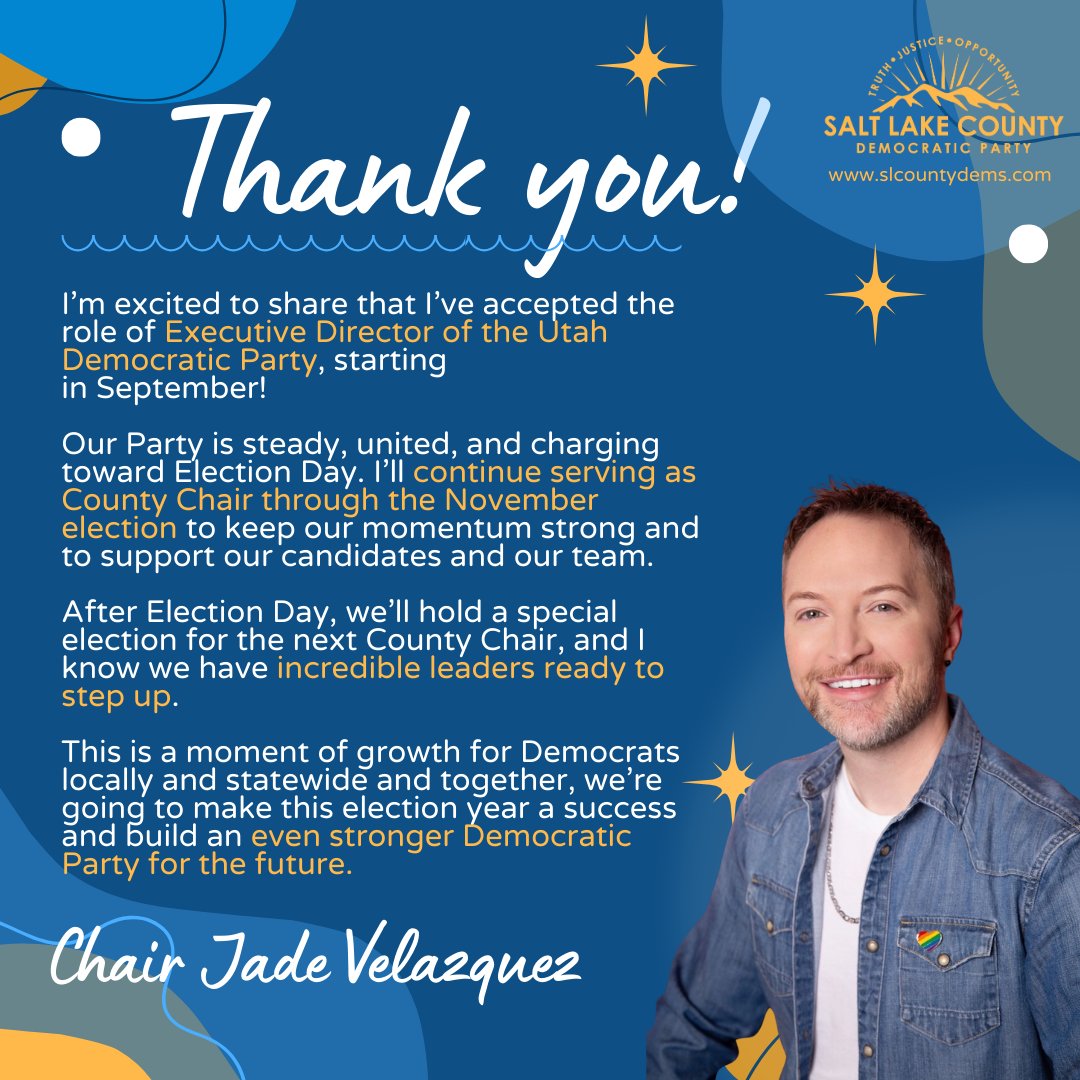 We’re thrilled to share that SLCo Dems Chair Jade Velazquez has been named the next Executive Director of the Utah Democratic Party!

Jade will continue serving as County Chair through Nov. to keep our momentum strong. This is a moment of growth for Democrats across Utah. #utpol