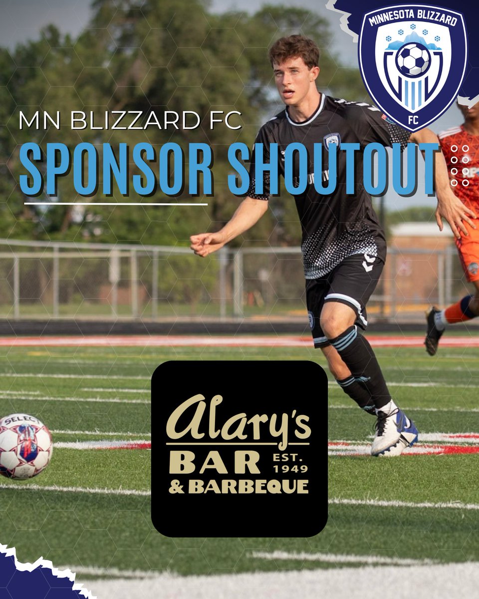 🔥 Shoutout to Alary’s Bar &amp; BBQ! 🔥

Looking for the perfect spot to catch the game ⚽, grab great food 🍔🍻, and enjoy a welcoming atmosphere? Alary’s has you covered! Huge thanks to Alary’s for supporting the Blizzard! 💙

#MNBlizzardFC #AlarysBarAndBBQ #MASL2 #Soccer #Sponsor