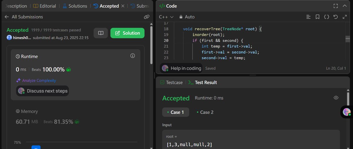 HimeshV21112003's tweet image. 🔥 Big milestone unlocked-Today I got my 100 Days Badge.

Day 67 of #100DaysOfCode 🚀
Today&apos;s BST Challenge 🌲⚡

1️⃣ **Recover BST** – Fix tree when two nodes are swapped 🔄
2️⃣ **Largest BST in a Binary Tree** – Find the biggest subtree that’s a valid BST 

 #100DaysOfLeetCode
