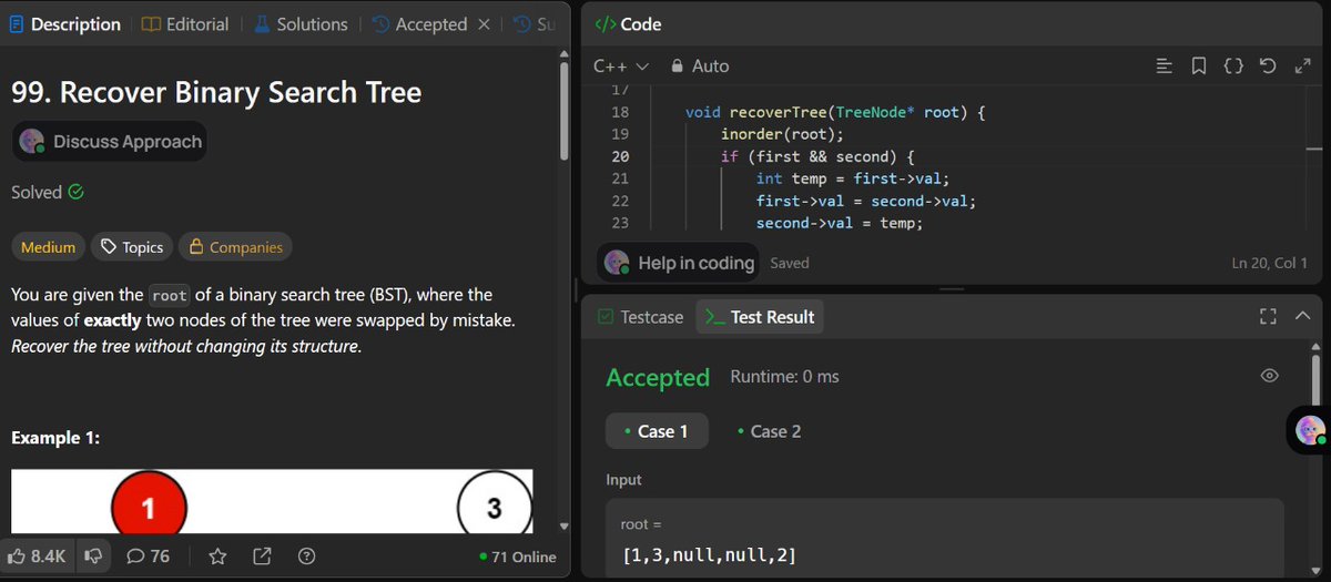 HimeshV21112003's tweet image. 🔥 Big milestone unlocked-Today I got my 100 Days Badge.

Day 67 of #100DaysOfCode 🚀
Today&apos;s BST Challenge 🌲⚡

1️⃣ **Recover BST** – Fix tree when two nodes are swapped 🔄
2️⃣ **Largest BST in a Binary Tree** – Find the biggest subtree that’s a valid BST 

 #100DaysOfLeetCode