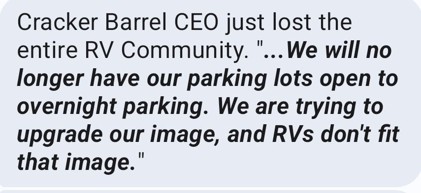 Attention all travelers .... 

As an RVer ... we will not be returning!

<a href="/CrackerBarrel/">Cracker Barrel</a>