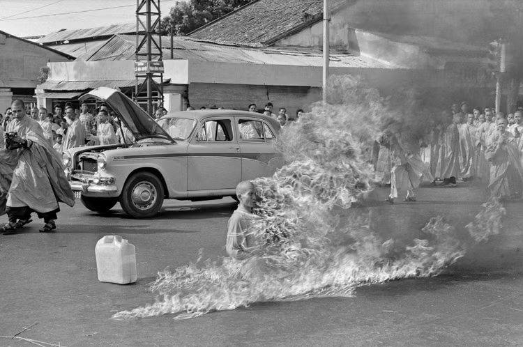 When words failed, fire spoke — Thích Quảng Đức’s 1963 self-immolation in Saigon, protesting Buddhist persecution.