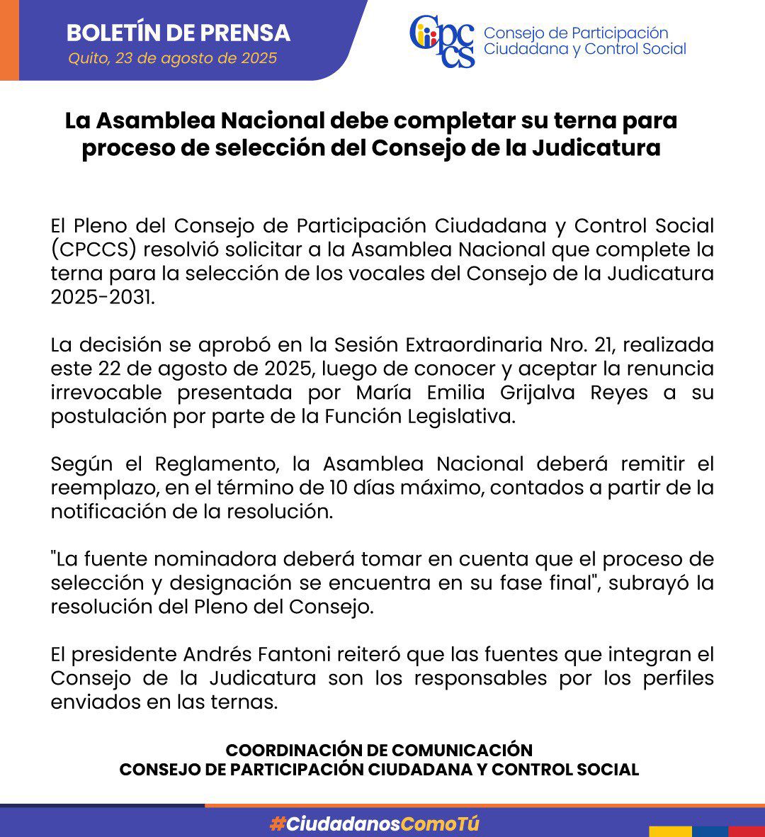#ATENCIÓN | El CPCCS solicita a la Asamblea Nacional la terna para el proceso de renovación del Consejo de la Judicatura. ⤵️