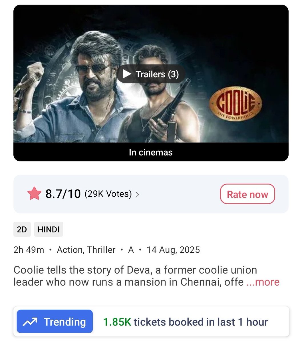 #Coolie 
10-11pm 
Tickets sold on BMS- 7940
Yesterday- 7260

Total from 7am- 1,42,500
Yest- 93210