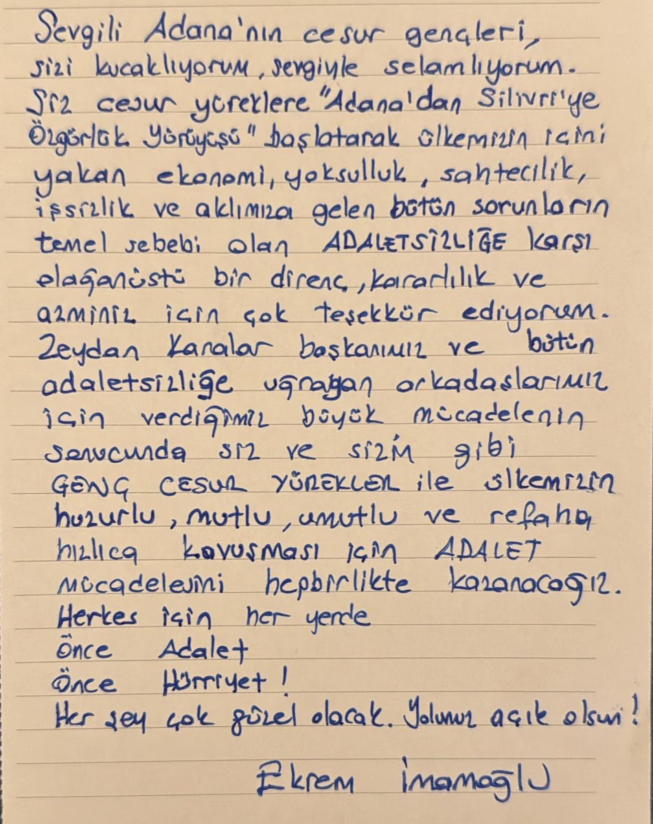chpgenciletisim's tweet image. İstanbul Büyükşehir Belediye Başkanımız ve Cumhurbaşkanı Adayımız Ekrem İmamoğlu, Adana gençlik örgütümüzün başlattığı Özgürlük Yürüyüşü'ne destek mesajı yayınladı.