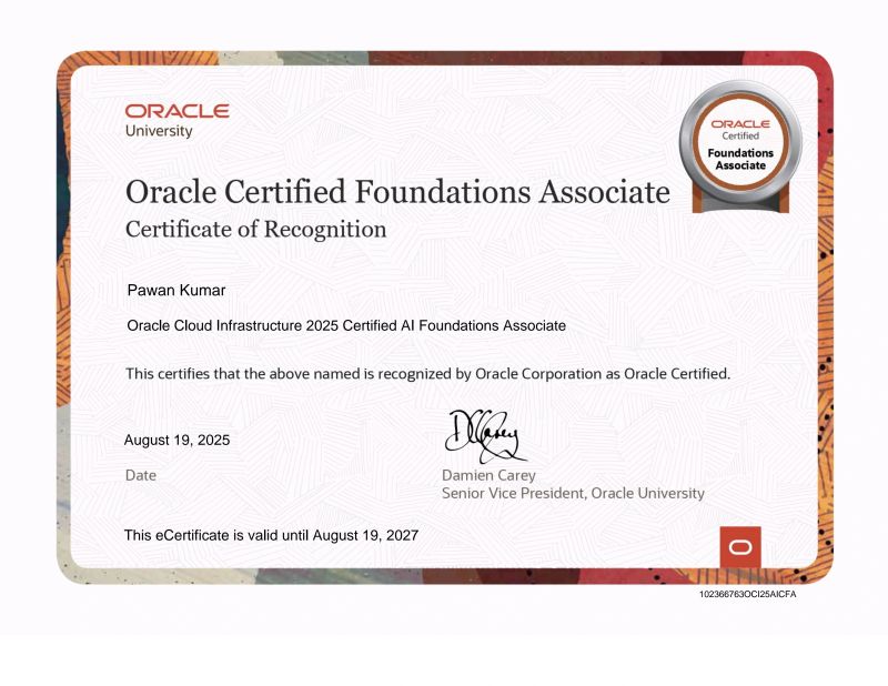 pawankumar0471's tweet photo. "Thrilled to have earned the Oracle Cloud Infrastructure 2025 Certified AI Foundations Associate certification! Gained strong insights into AI fundamentals. Excited to apply this knowledge in real-world projects. "
#artificial_intelligence  #OracleCloud    
#LearningJourney  #AI https://t.co/hKXJvopvjz