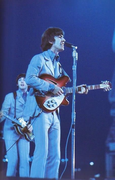 paul and george at the beatles' second and last appearance at shea stadium - august 23, 1966.