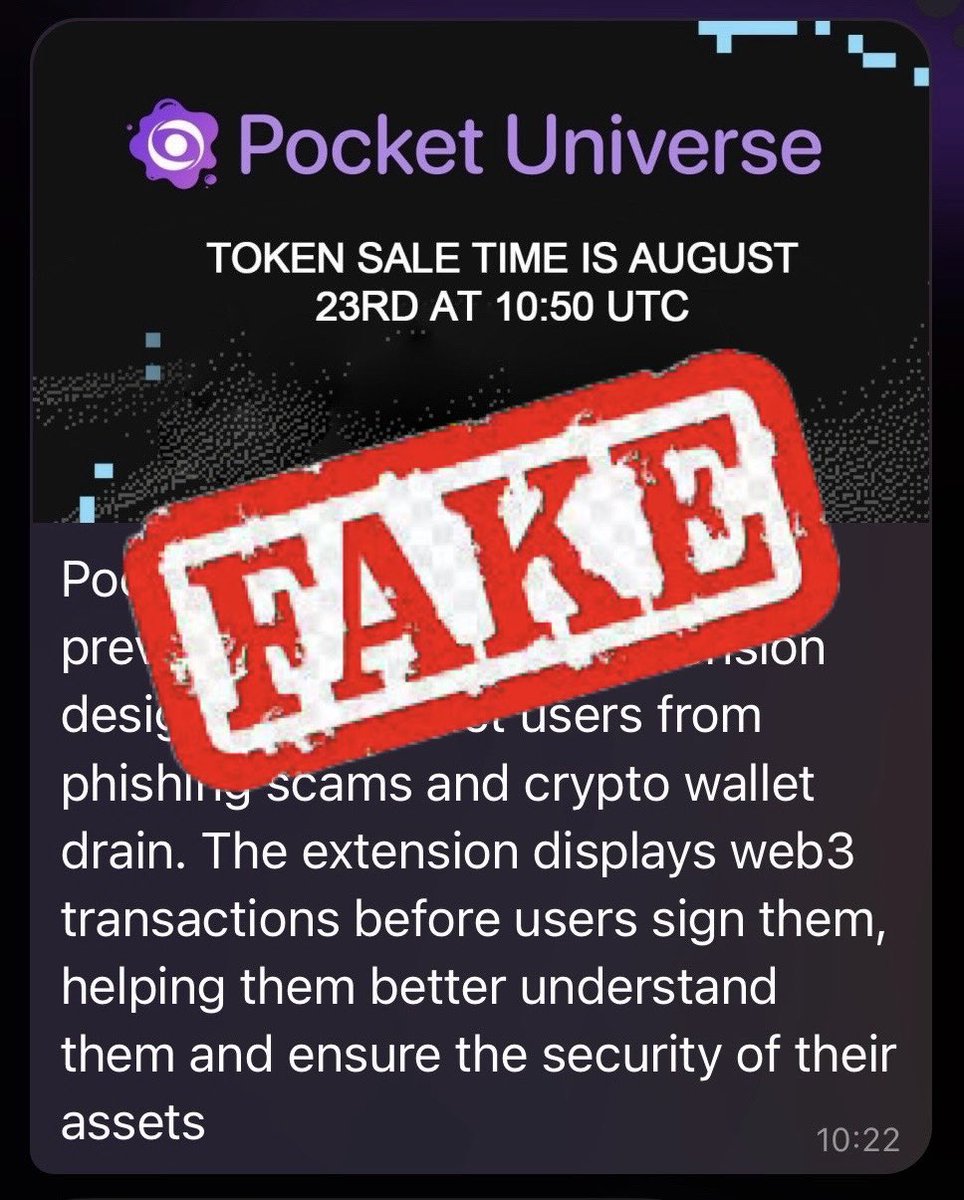 IMPORTANT NOTICE: There is no current or future Pocket Universe token

Scammers on Telegram are spreading a fake “Pocket” token

It is not related to us and if you buy it you will lose what you invested

Please help us spread this so no one loses their funds. Thank you!